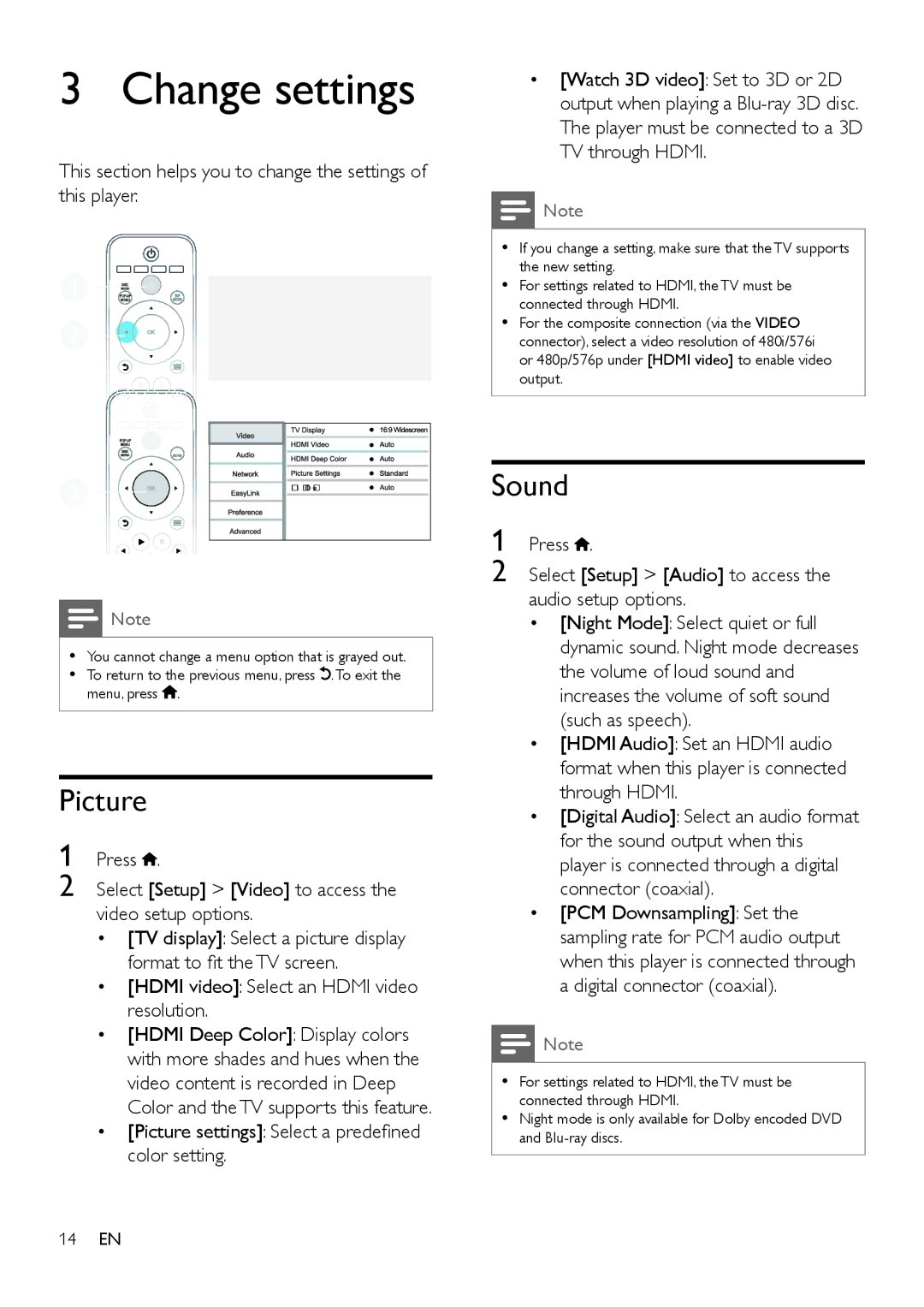 Philips BDP2180 user manual Change settings, Picture, Sound, Press Select Setup Video to access the video setup options 