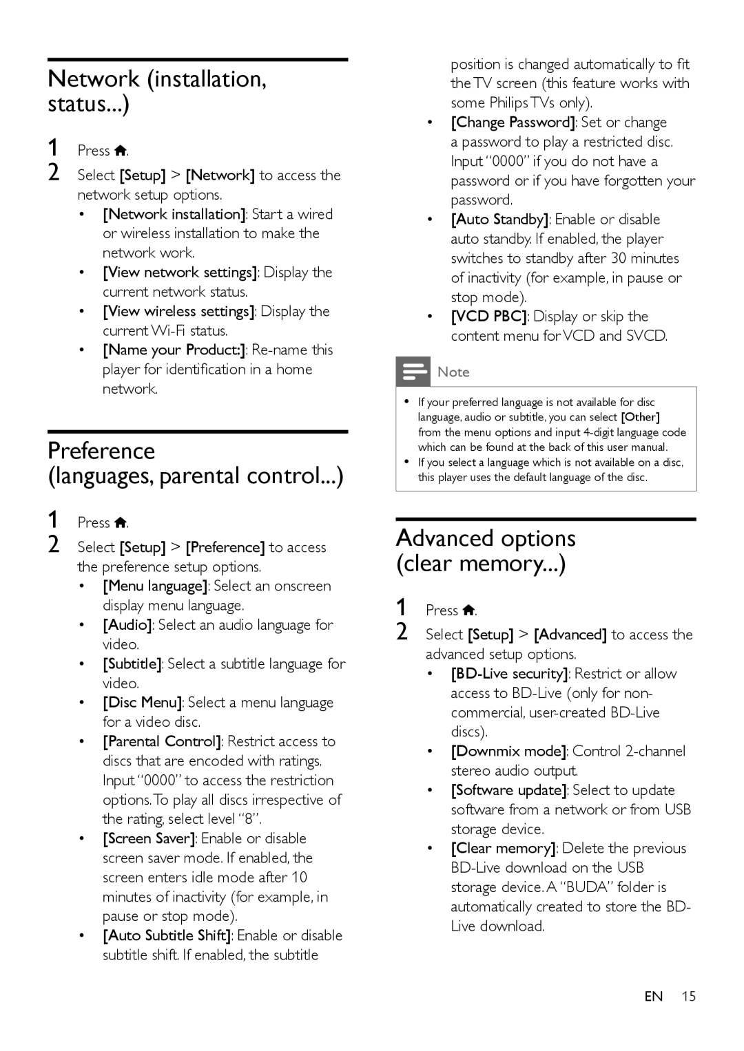 Philips BDP2180 user manual Network installation, status, Preference Languages, parental control 