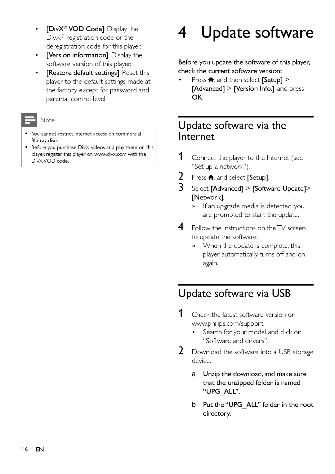 Philips BDP2180 user manual Update software via the Internet, Update software via USB 