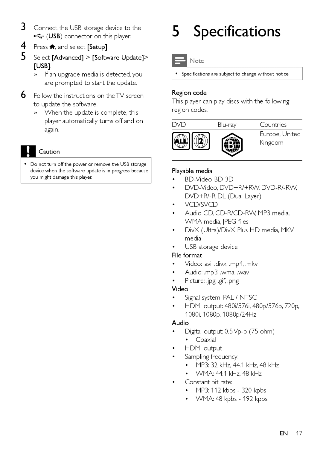 Philips BDP2180 user manual Specifications, Dvd, Vcd/Svcd 