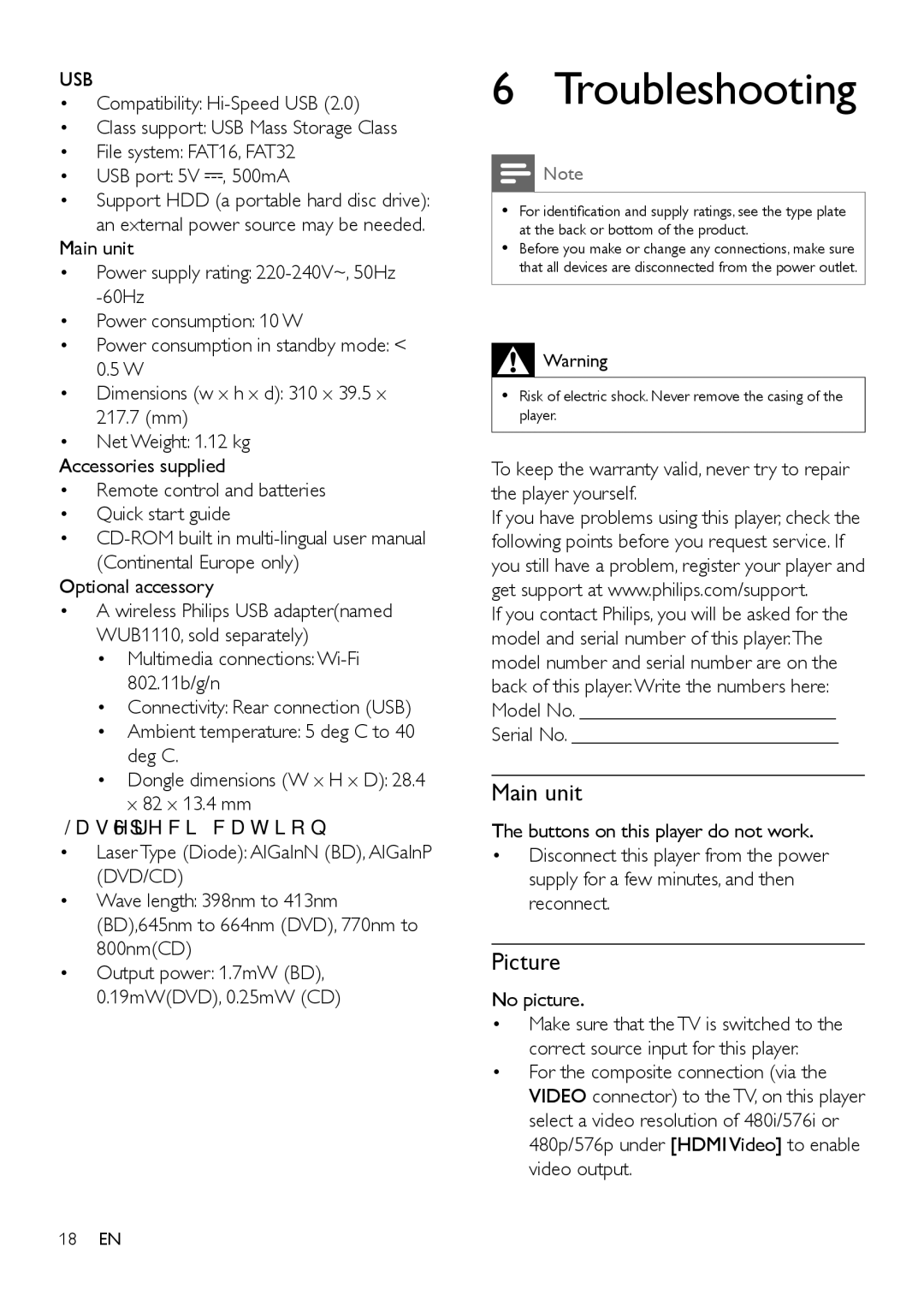 Philips BDP2180 user manual Troubleshooting, Main unit, Picture, Usb 