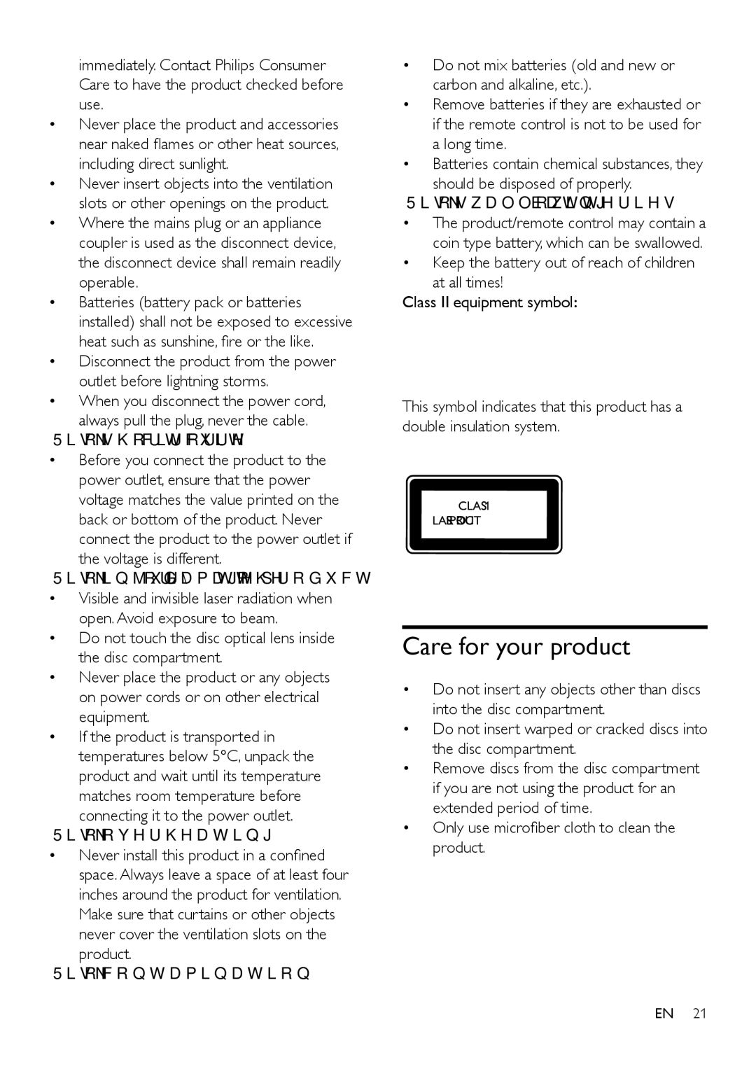 Philips BDP2180 user manual Care for your product, Risk of overheating, Risk of swallowing batteries 