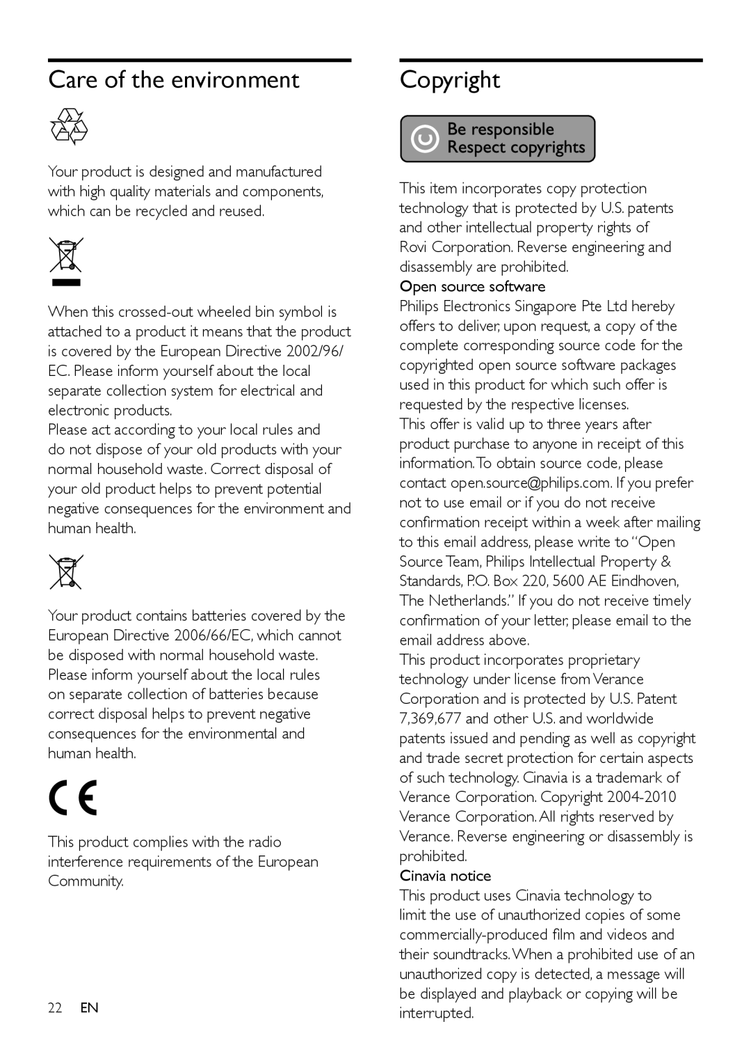 Philips BDP2180 user manual Care of the environment Copyright, Open source software, Cinavia notice 