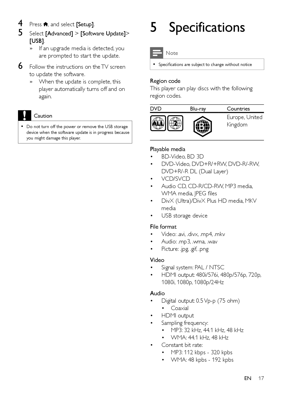 Philips BDP2180 user manual Specifications, Kingdom, Playable media BD-Video, BD 3D, Vcd/Svcd 