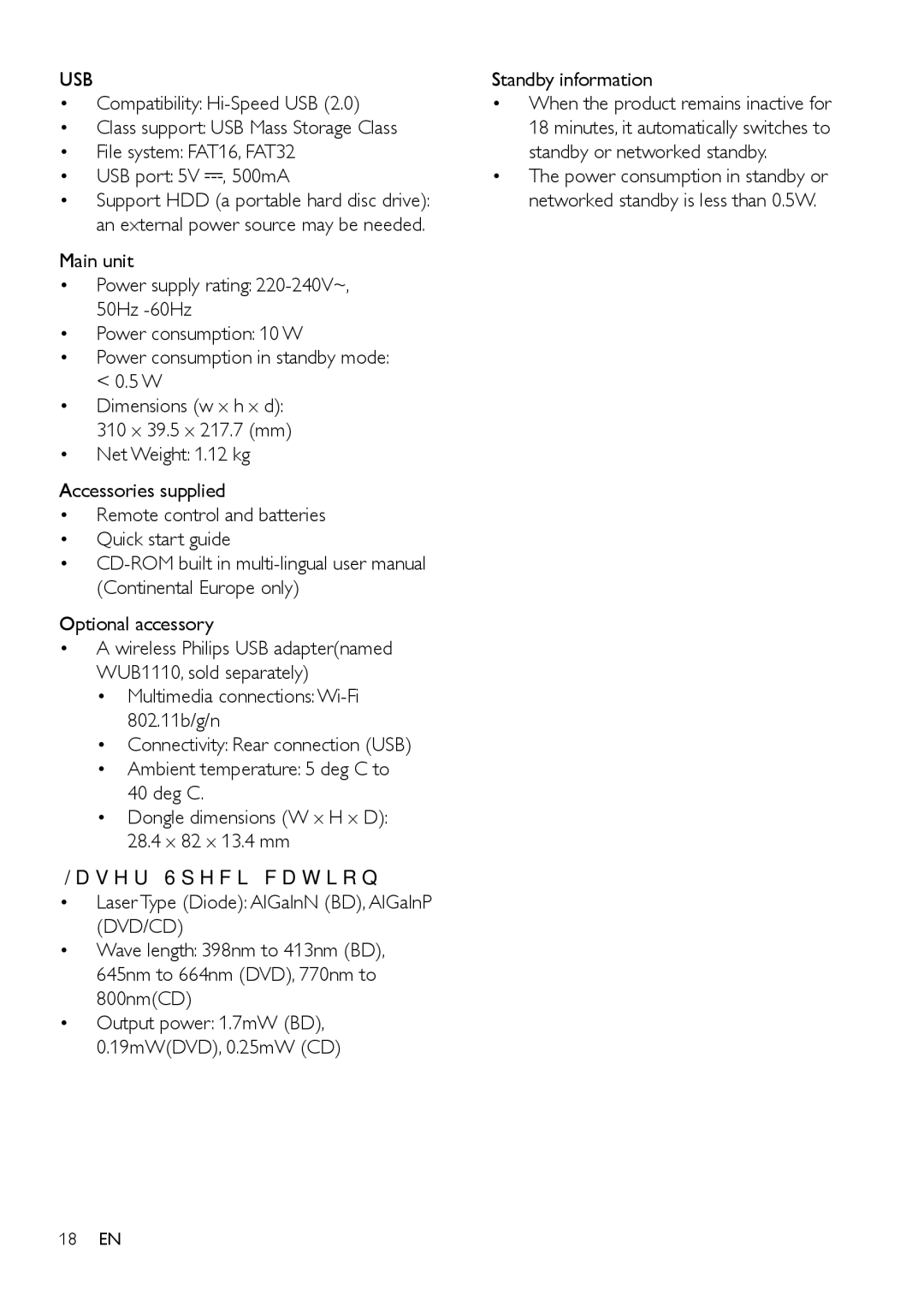 Philips BDP2180 user manual Usb, Standby information 