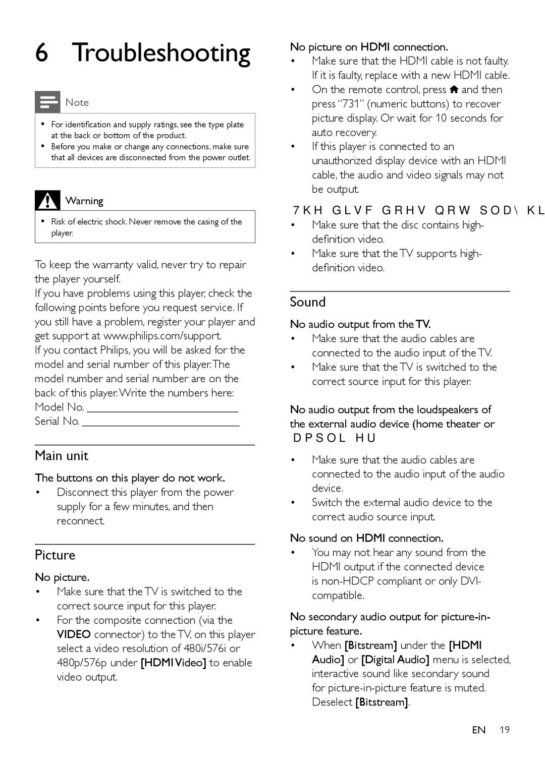 Philips BDP2180 user manual Troubleshooting, Main unit, Picture, Sound 