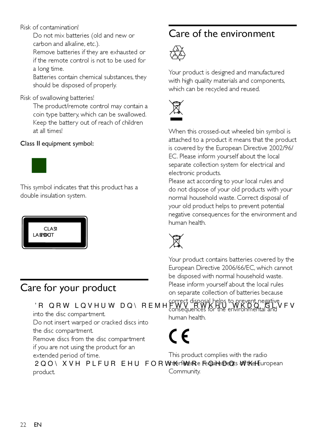 Philips BDP2180 user manual Care for your product, Care of the environment, Risk of swallowing batteries 