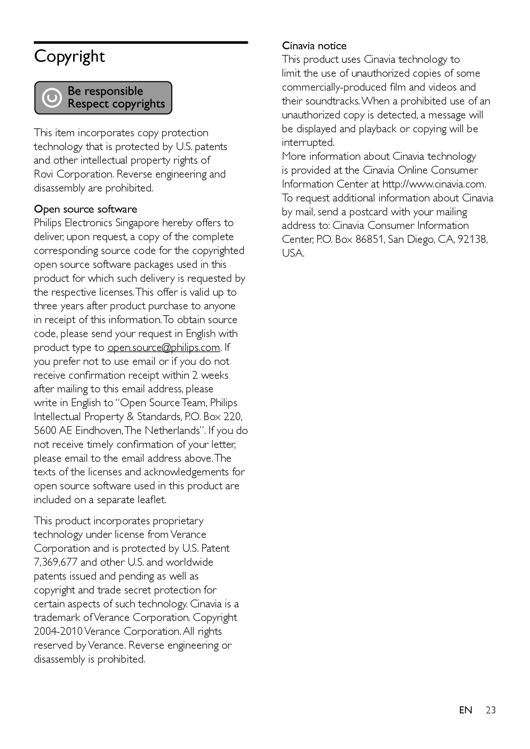 Philips BDP2180 user manual Copyright, Open source software, Cinavia notice 