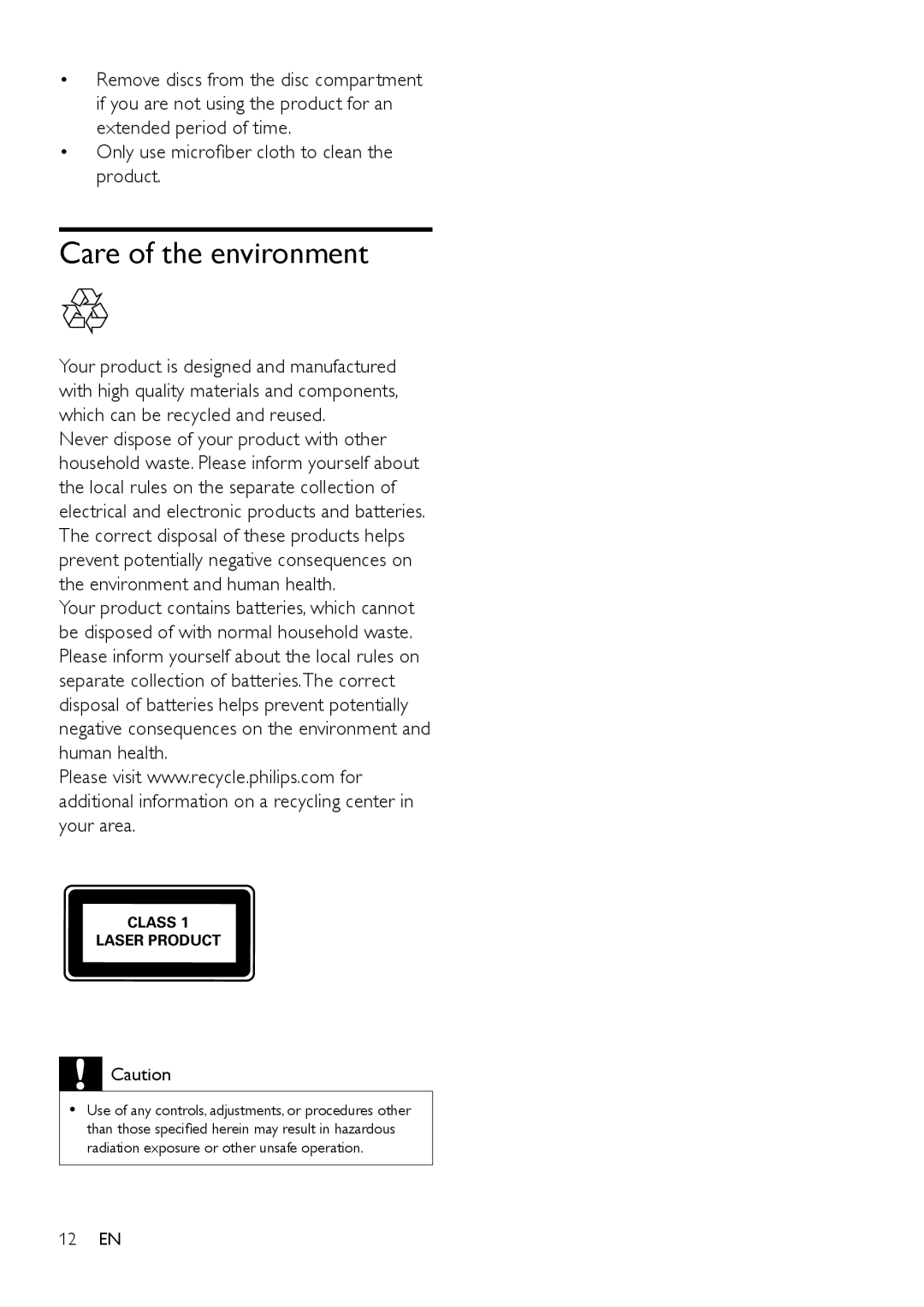 Philips BDP2185 user manual Care of the environment, Only use microfiber cloth to clean the product 