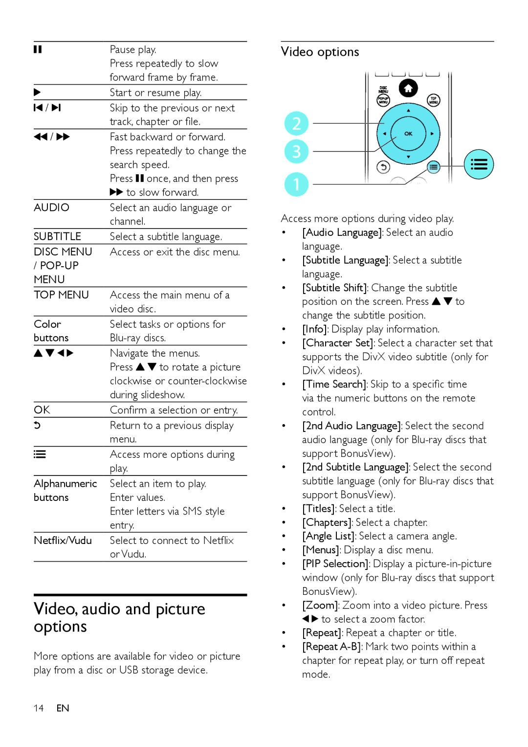 Philips BDP2185 user manual Video, audio and picture options, Video options 