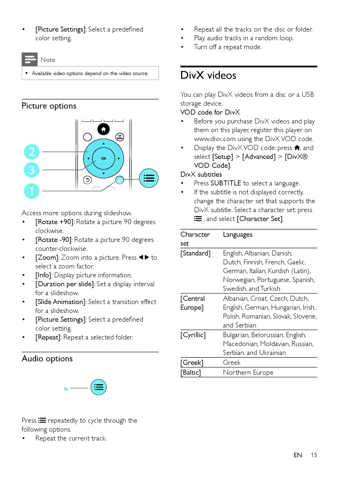 Philips BDP2185 user manual DivX videos, Picture options, Audio options, Picture Settings Select a predefined color setting 