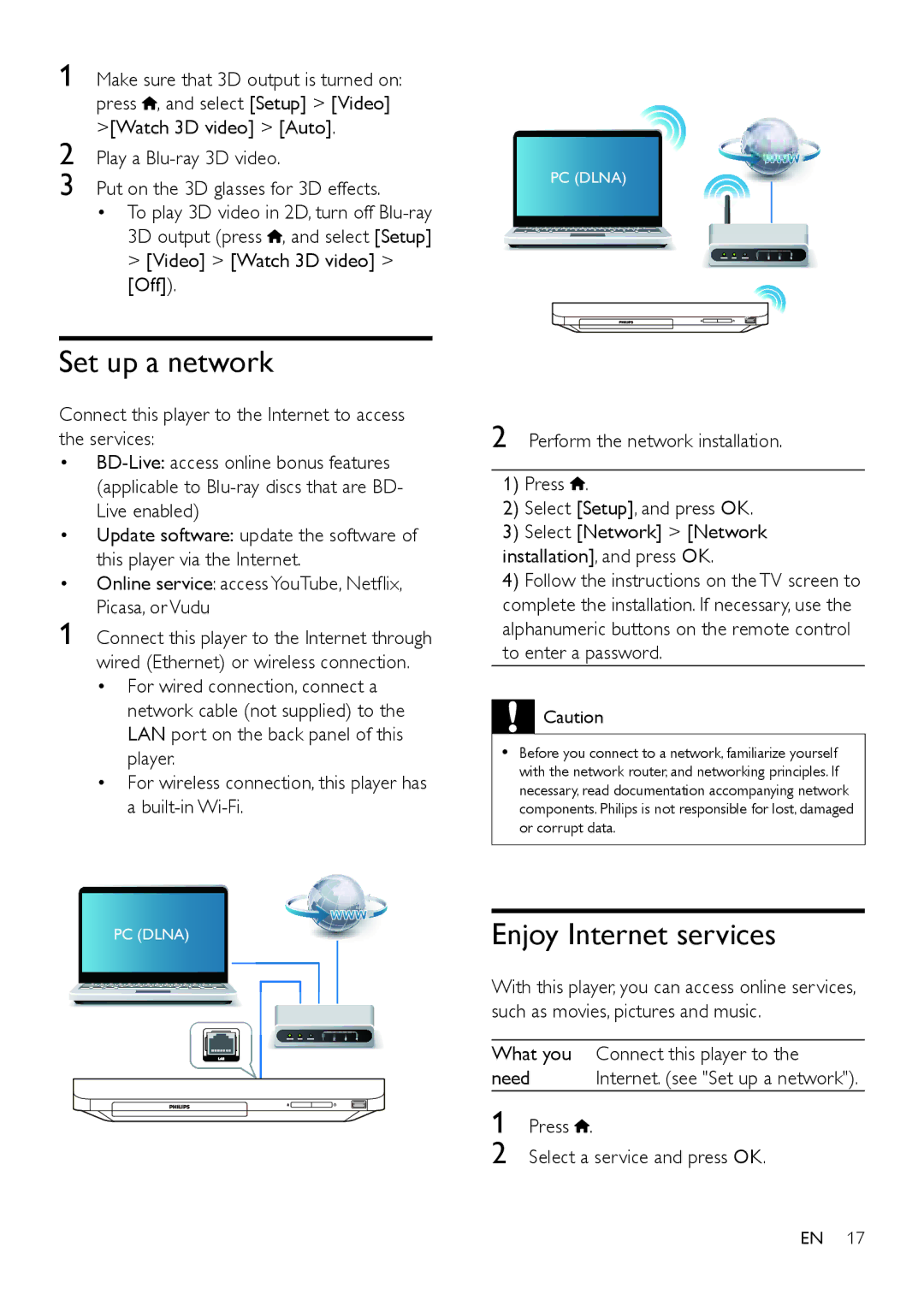 Philips BDP2185 user manual Set up a network, Enjoy Internet services, What you Connect this player to Need 