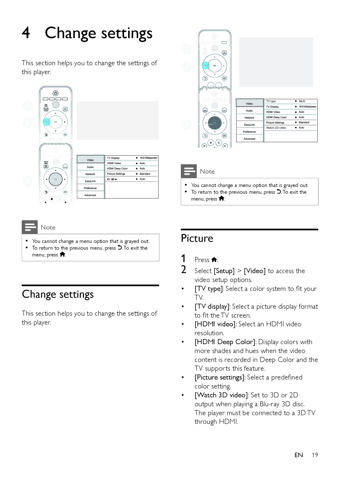 Philips BDP2185 user manual Change settings, Picture 