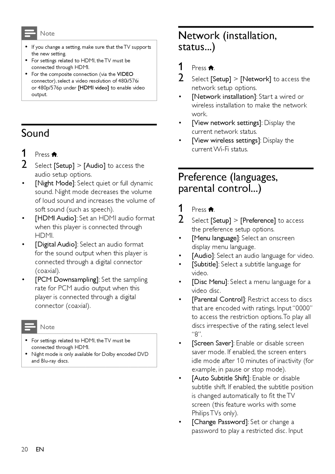 Philips BDP2185 user manual Sound, Press Select Setup Audio to access the audio setup options 