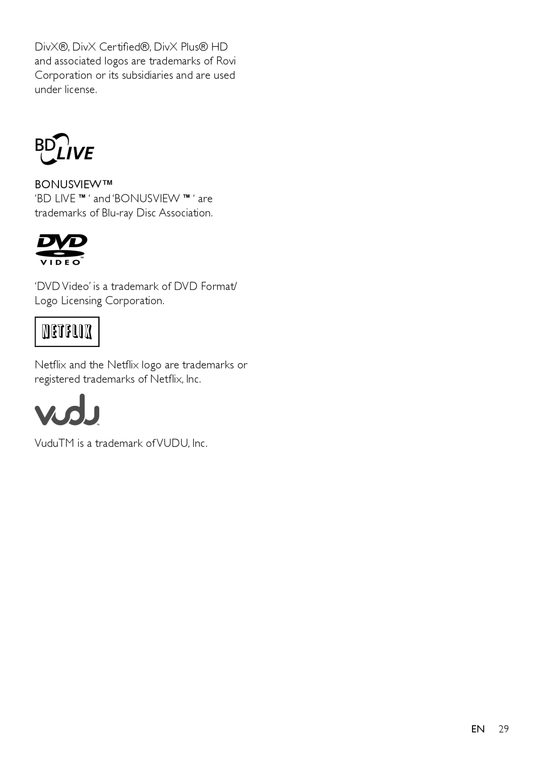 Philips BDP2185 user manual Bonusview, VuduTM is a trademark of VUDU, Inc 