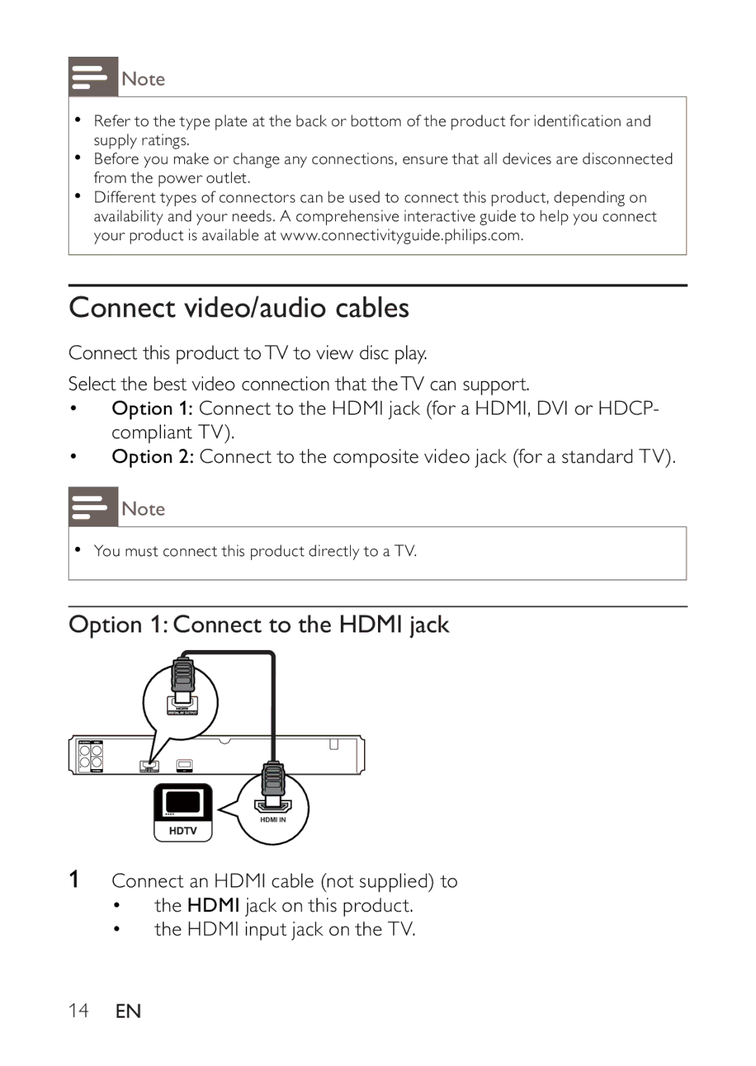 Philips BDP2500 user manual Connect video/audio cables, Option 1 Connect to the Hdmi jack, 14 EN 