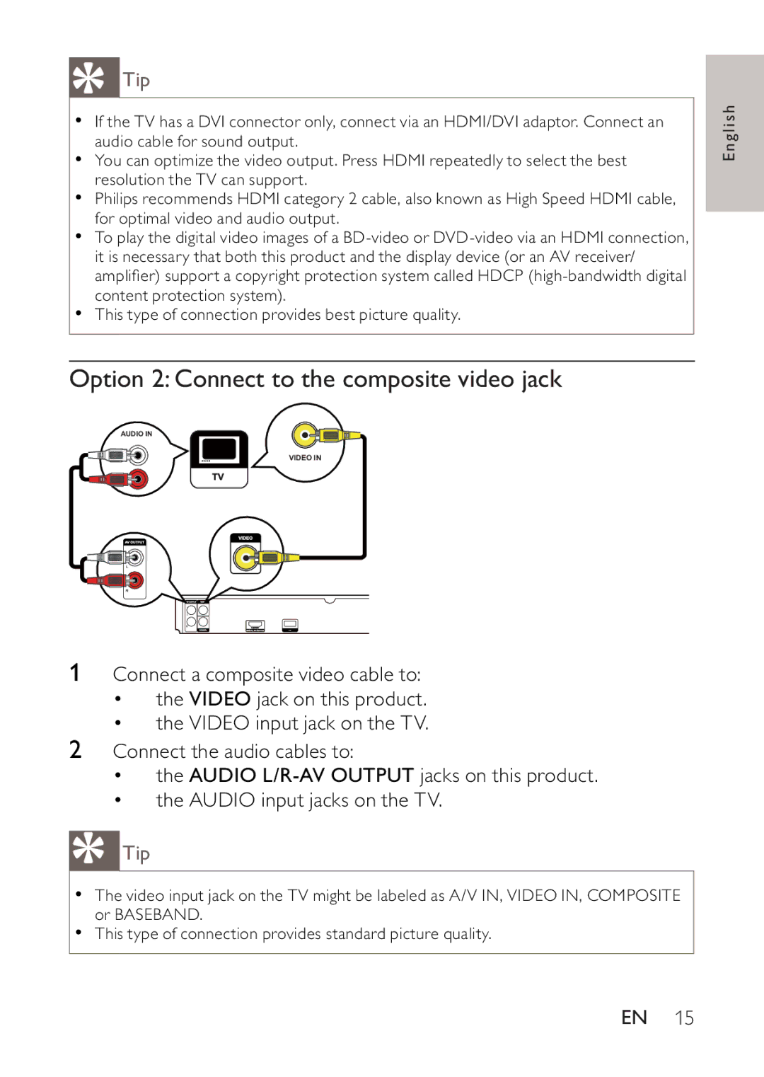 Philips BDP2500 user manual Option 2 Connect to the composite video jack, Tip 