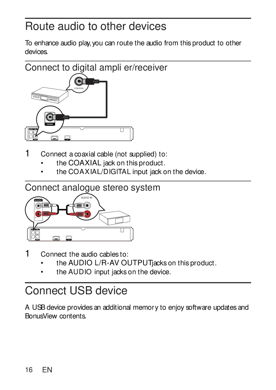 Philips BDP2500 user manual Route audio to other devices, Connect USB device, Connect to digital ampliﬁer/receiver, 16 EN 