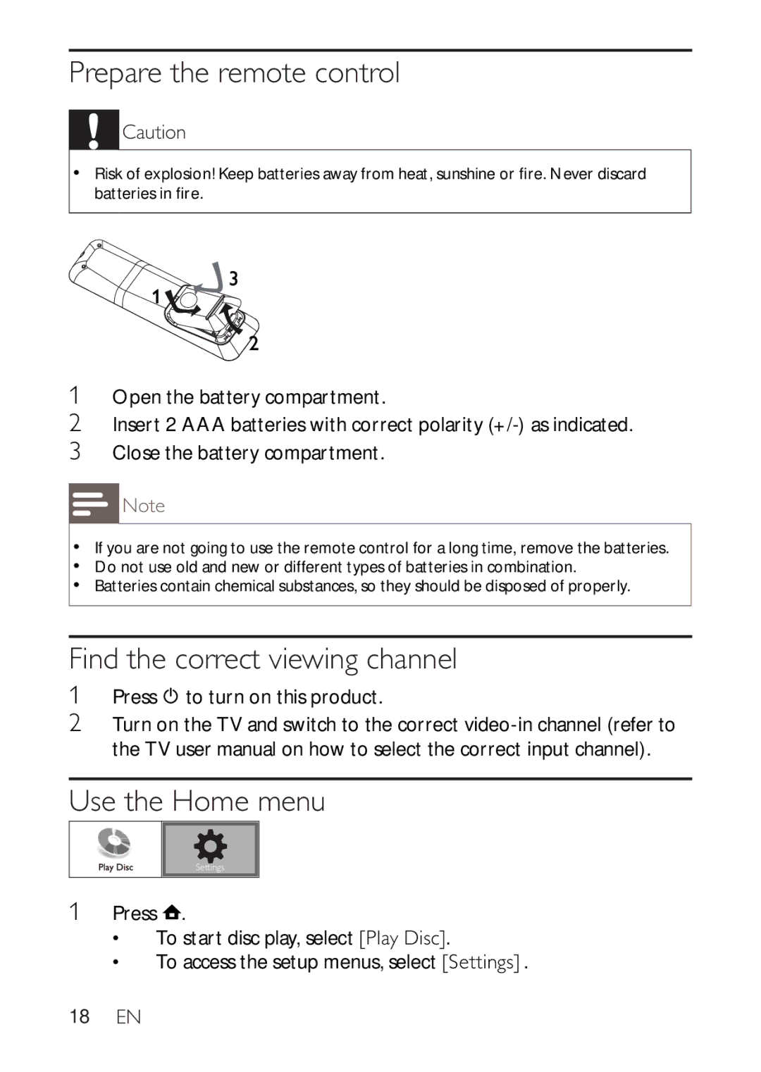 Philips BDP2500 user manual Prepare the remote control, Find the correct viewing channel, Use the Home menu, 18 EN 