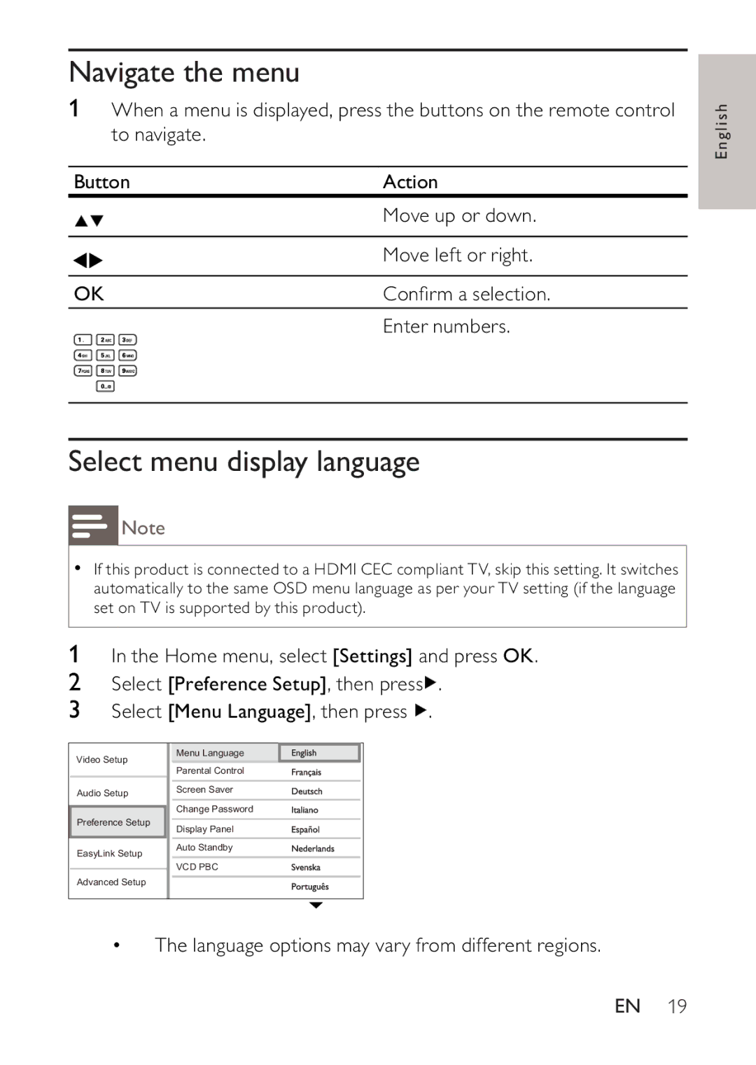 Philips BDP2500 user manual Navigate the menu, Select menu display language 