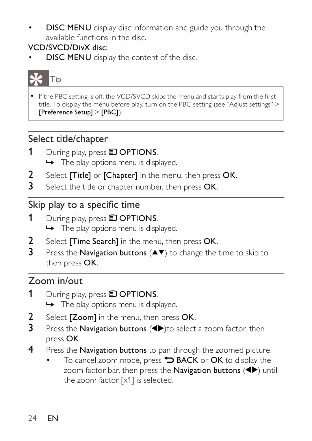 Philips BDP2500 user manual Select title/chapter, Skip play to a speciﬁc time, Zoom in/out, 24 EN 