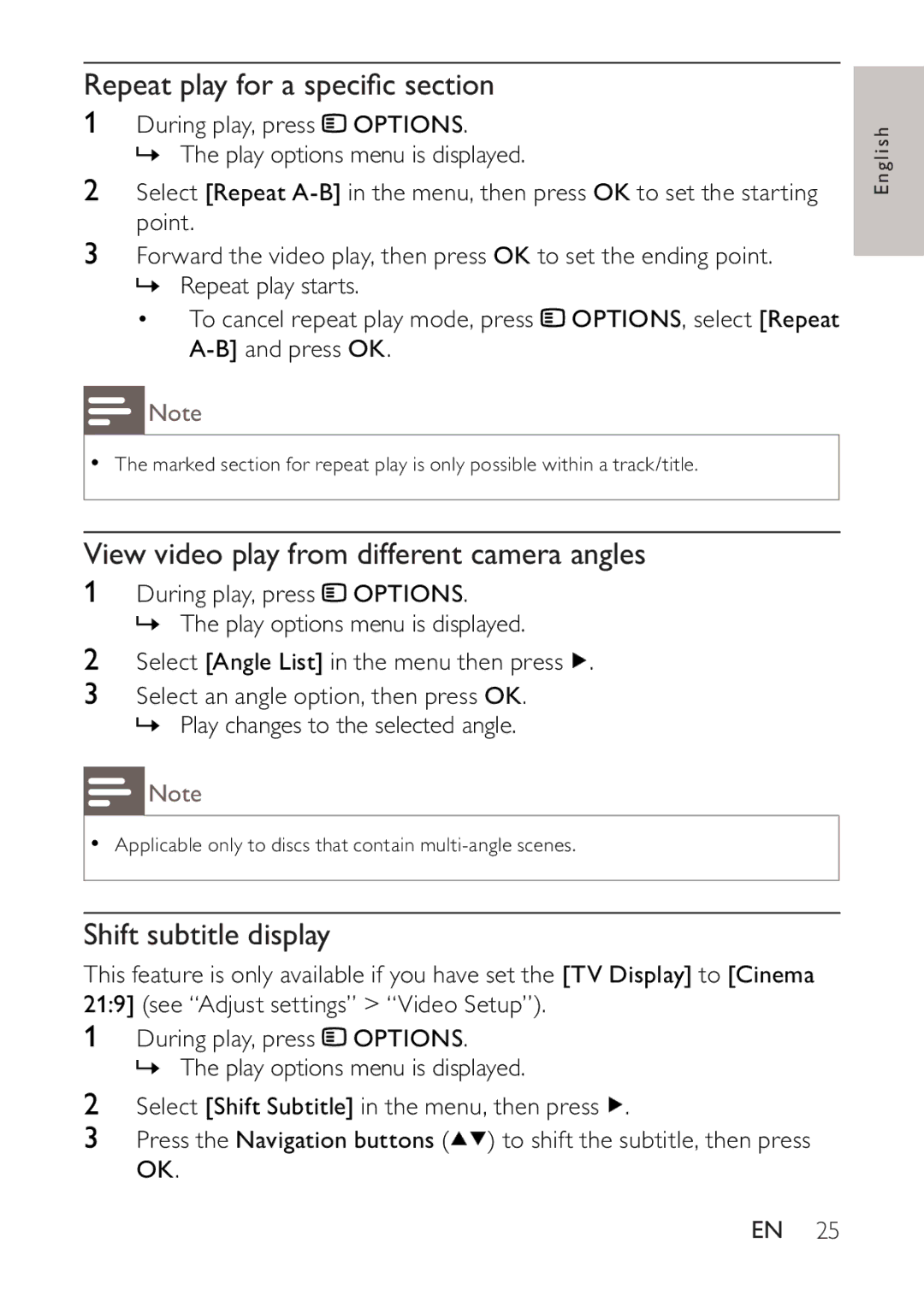 Philips BDP2500 Repeat play for a speciﬁc section, View video play from different camera angles, Shift subtitle display 