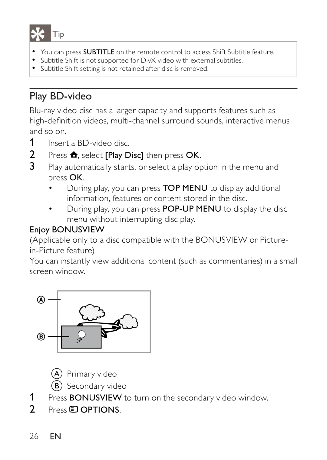 Philips BDP2500 user manual Play BD-video, 26 EN 