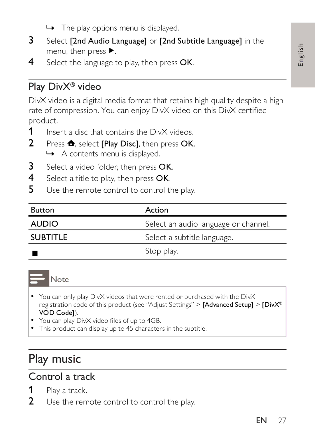Philips BDP2500 user manual Play music, Play DivX video, Control a track, Subtitle 