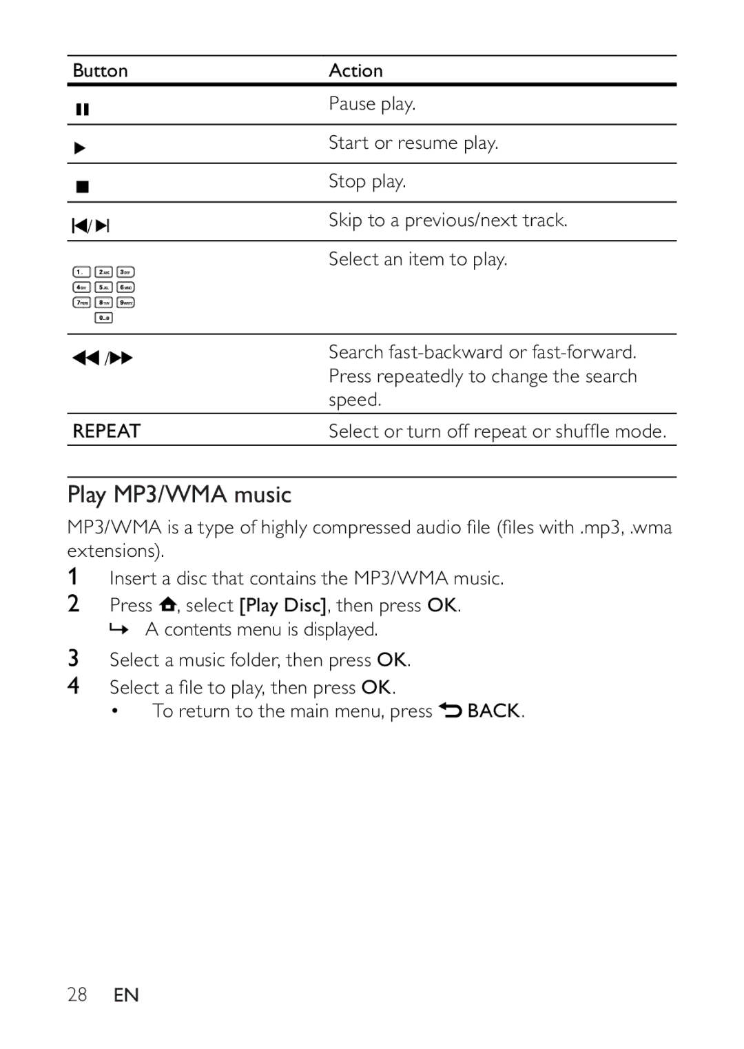 Philips BDP2500 user manual Play MP3/WMA music, Repeat, 28 EN 