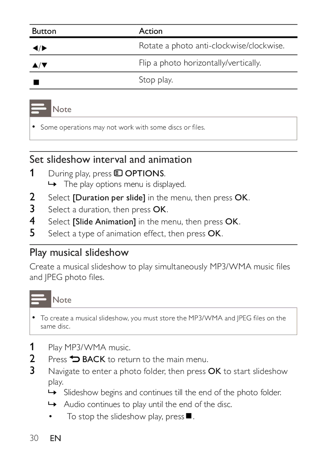 Philips BDP2500 user manual Set slideshow interval and animation, Play musical slideshow, 30 EN 