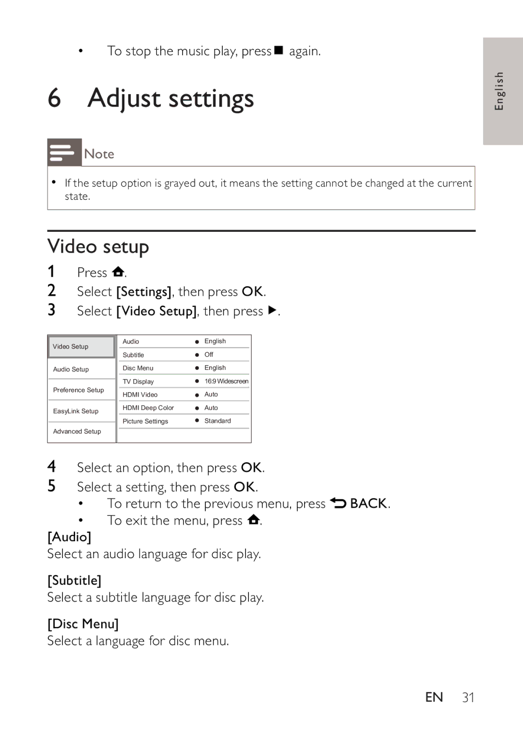 Philips BDP2500 user manual Adjust settings, Video setup 