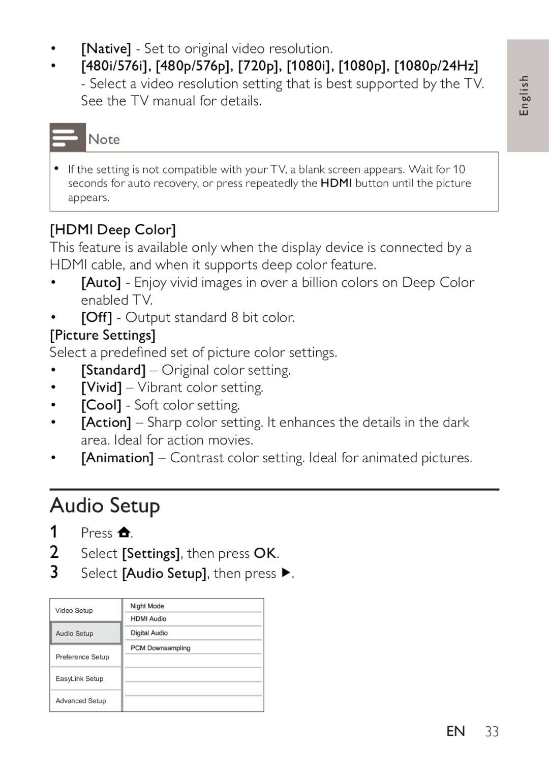 Philips BDP2500 user manual Audio Setup, Hdmi Deep Color 