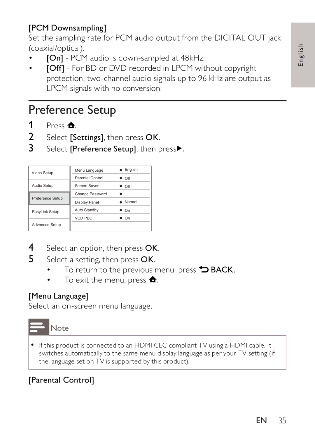 Philips BDP2500 user manual Preference Setup 