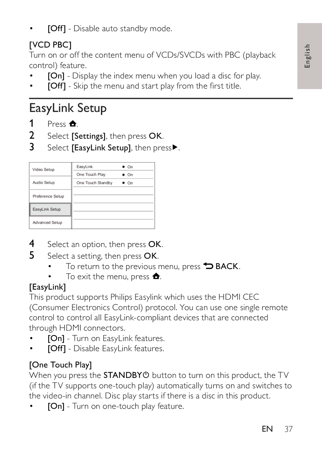 Philips BDP2500 user manual EasyLink Setup, Vcd Pbc 