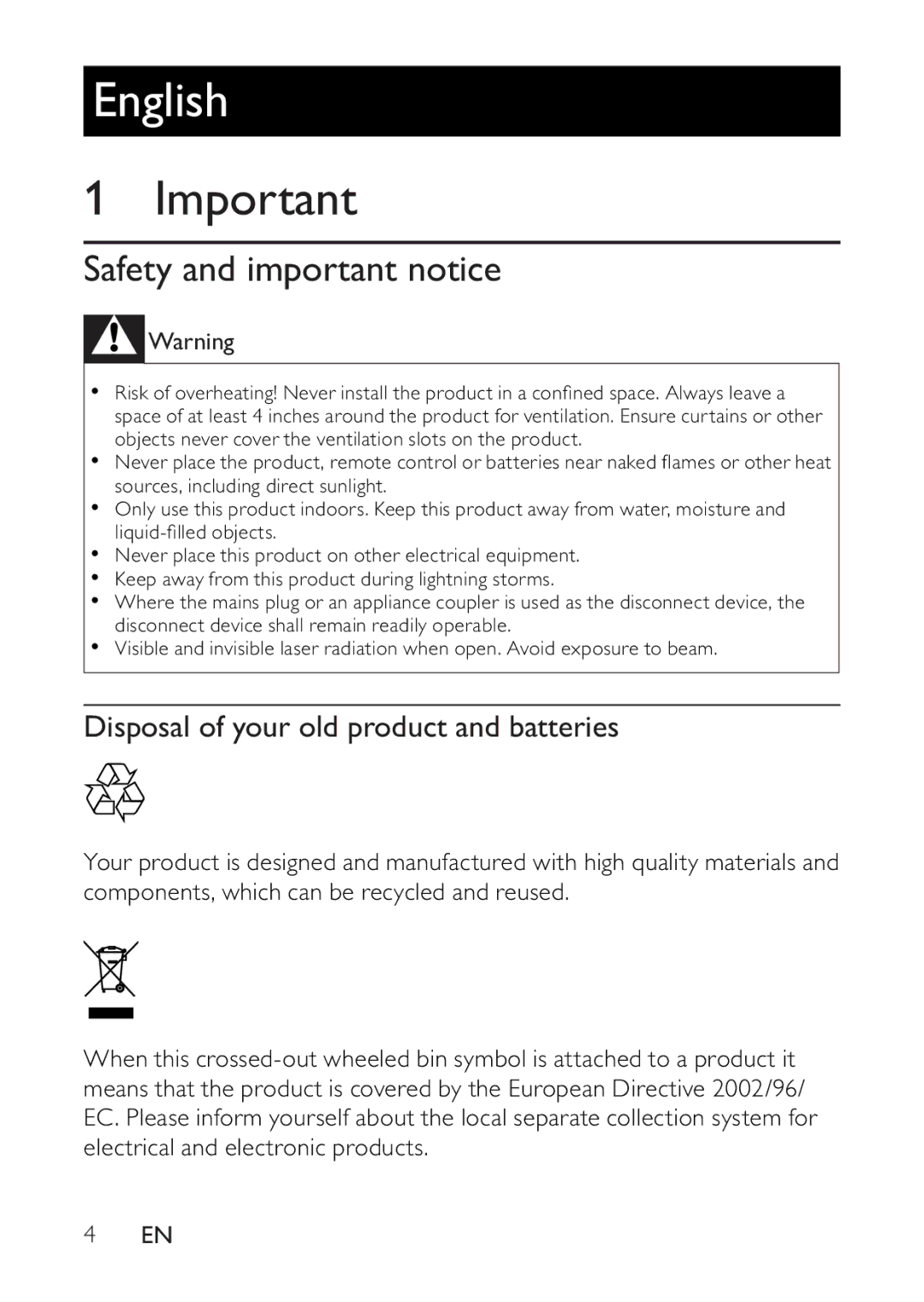 Philips BDP2500 user manual Safety and important notice, Disposal of your old product and batteries 