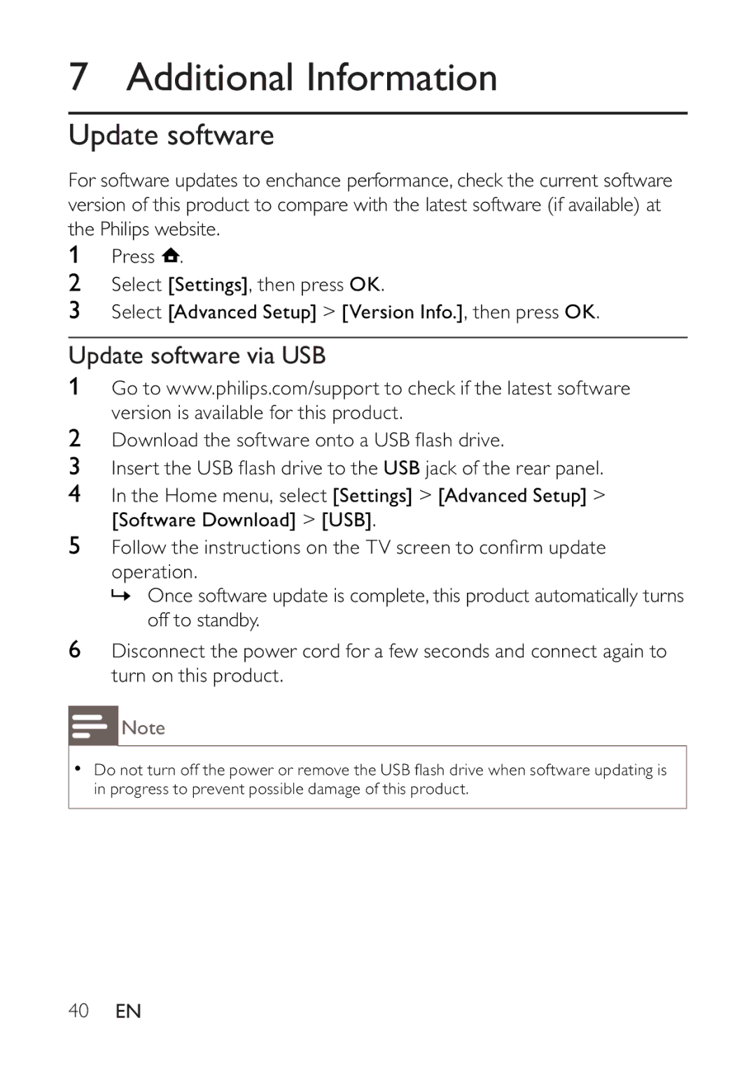 Philips BDP2500 user manual Additional Information, Update software via USB, 40 EN 