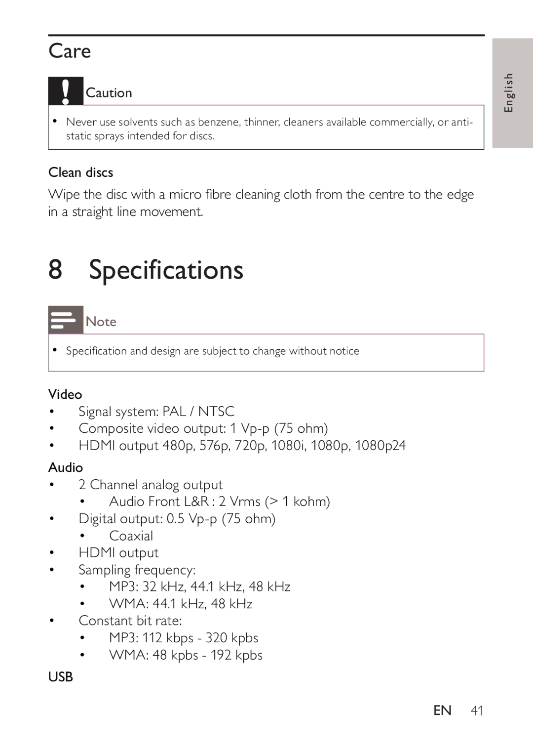 Philips BDP2500 user manual Specifications, Care, Usb 