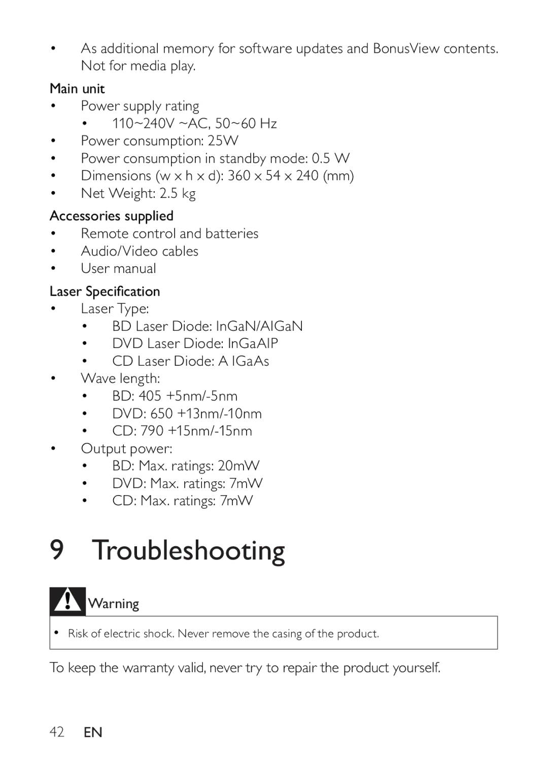 Philips BDP2500 user manual Troubleshooting, 42 EN 