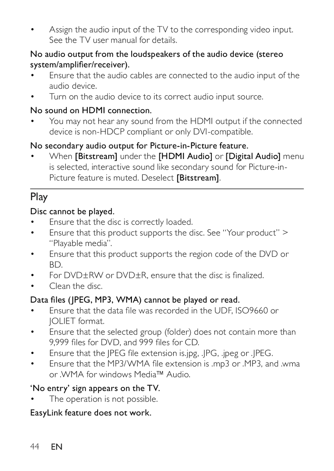 Philips BDP2500 user manual Play, 44 EN 