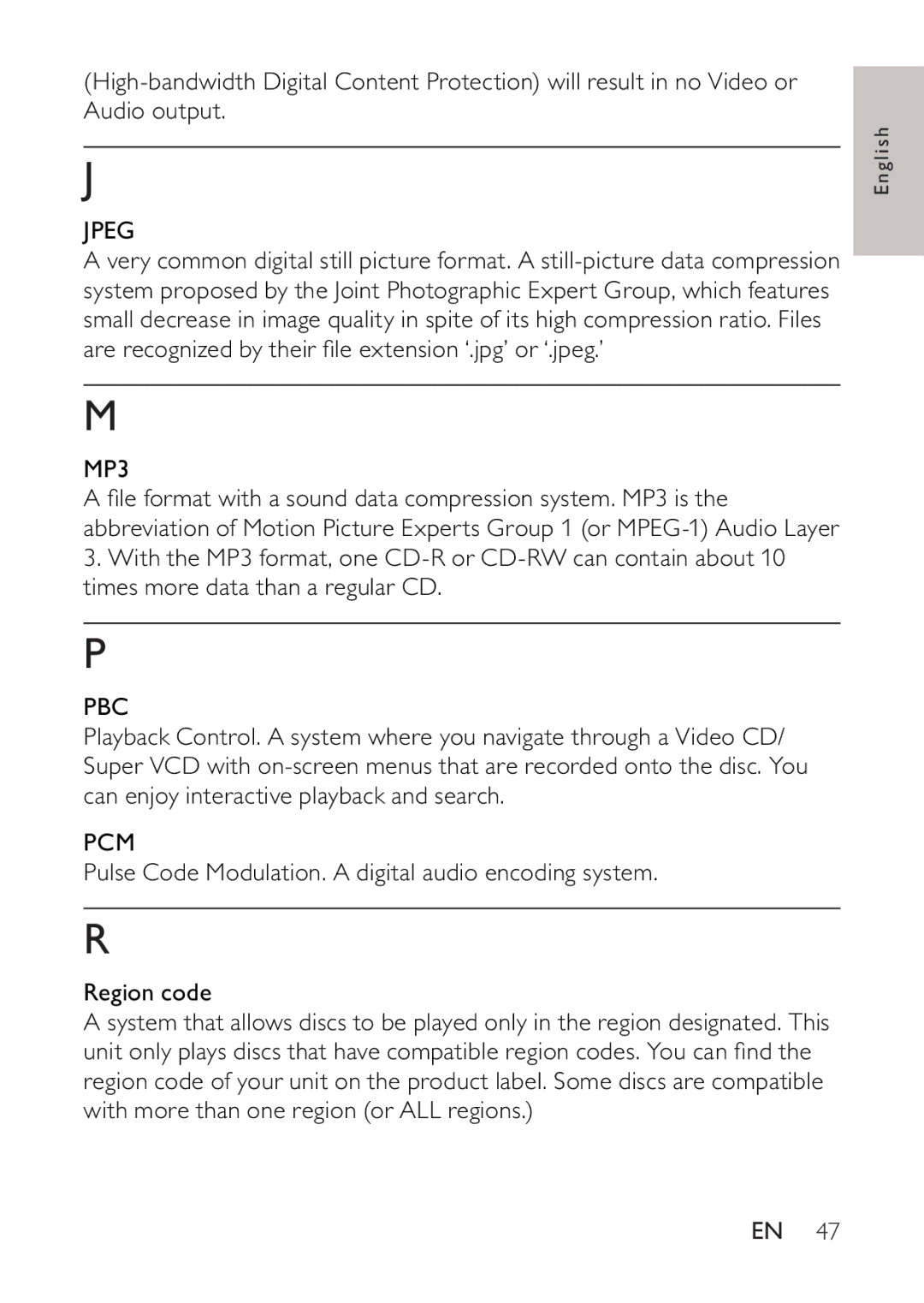 Philips BDP2500 user manual Jpeg, MP3, Pbc, Pcm 