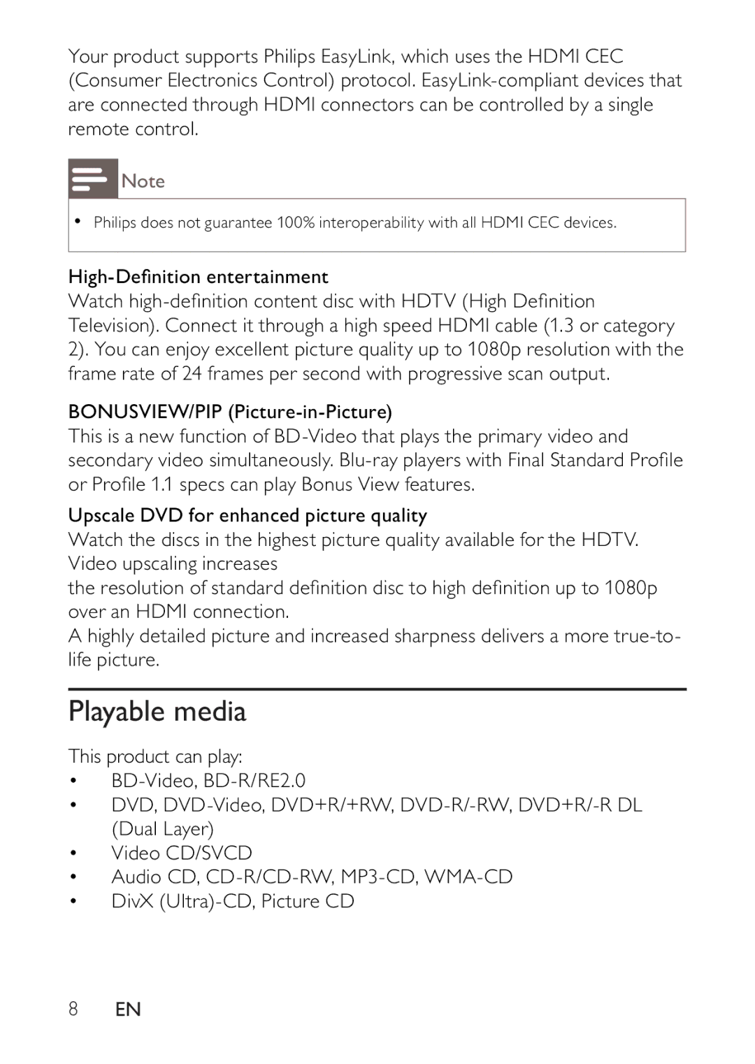 Philips BDP2500 user manual Playable media, High-Deﬁnition entertainment 