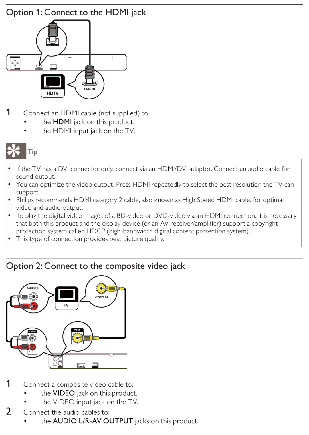 Philips BDP2500/12 user manual Option 1 Connect to the Hdmi jack, Option 2 Connect to the composite video jack 