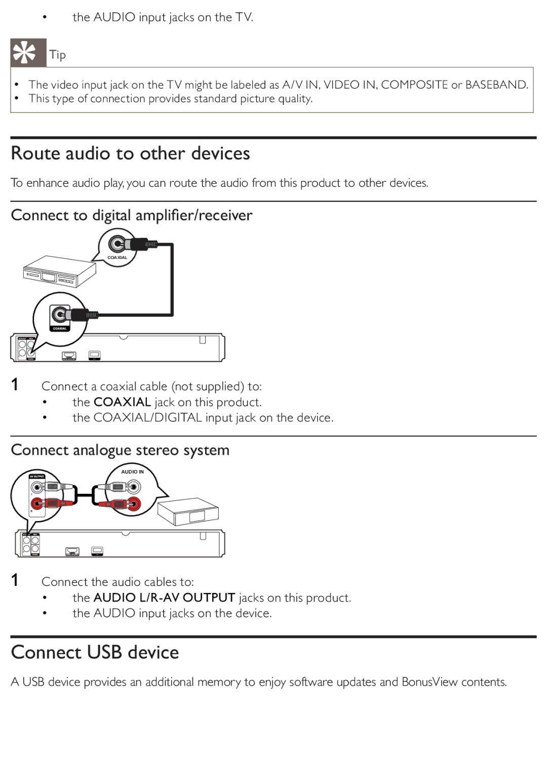 Philips BDP2500/12 user manual Route audio to other devices, Connect USB device, Connect to digital ampliﬁer/receiver 