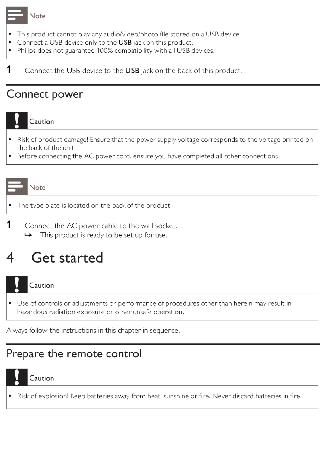 Philips BDP2500/12 user manual Get started, Connect power, Prepare the remote control 