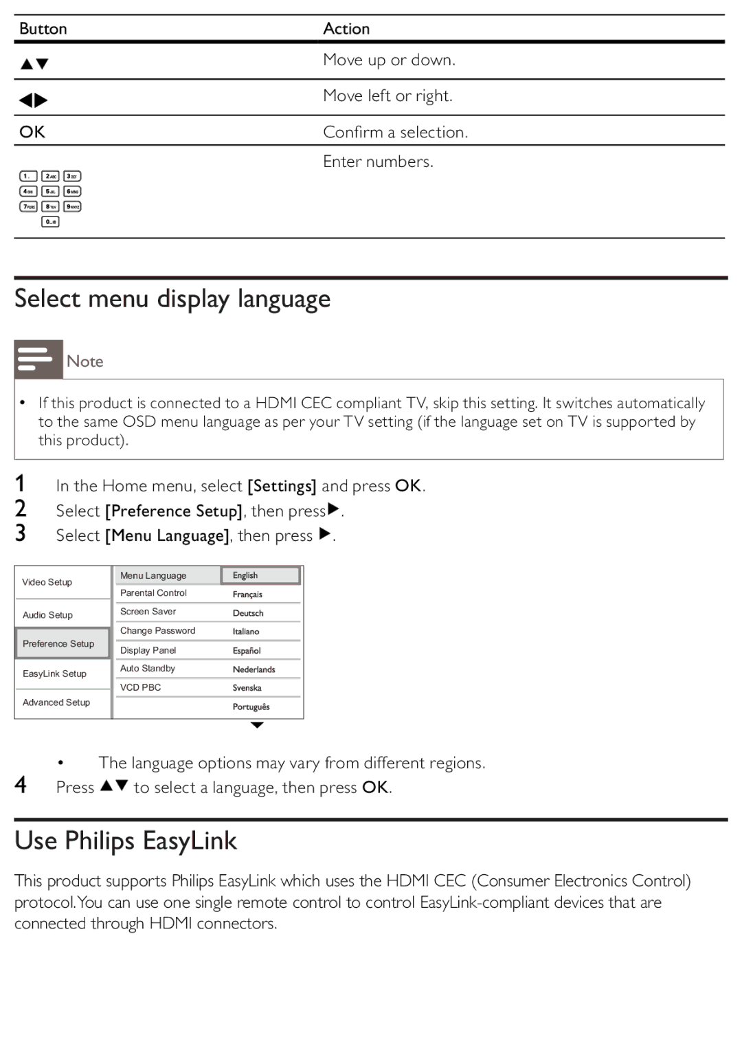 Philips BDP2500/12 user manual Select menu display language, Use Philips EasyLink 