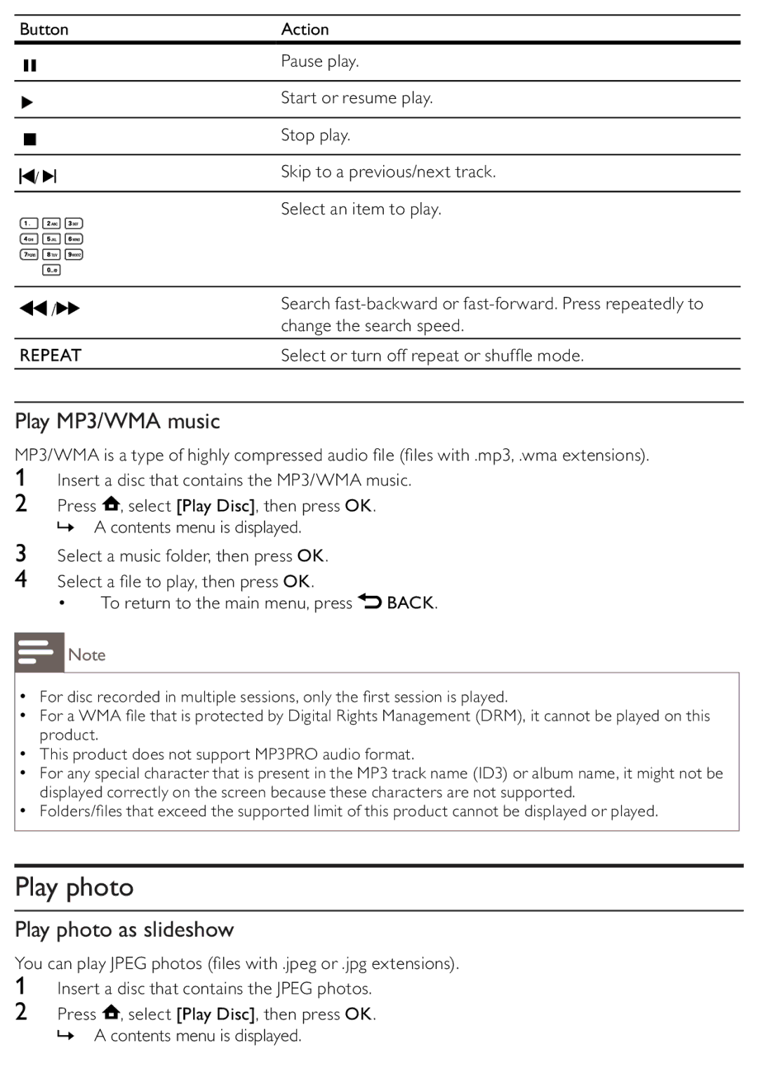 Philips BDP2500/12 user manual Play MP3/WMA music, Play photo as slideshow 