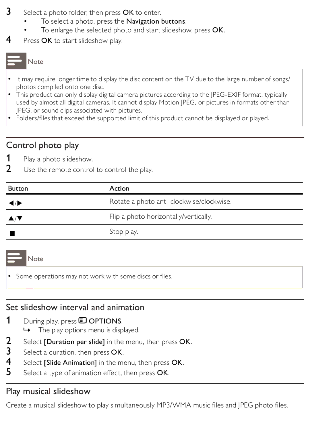 Philips BDP2500/12 user manual Control photo play, Set slideshow interval and animation, Play musical slideshow 