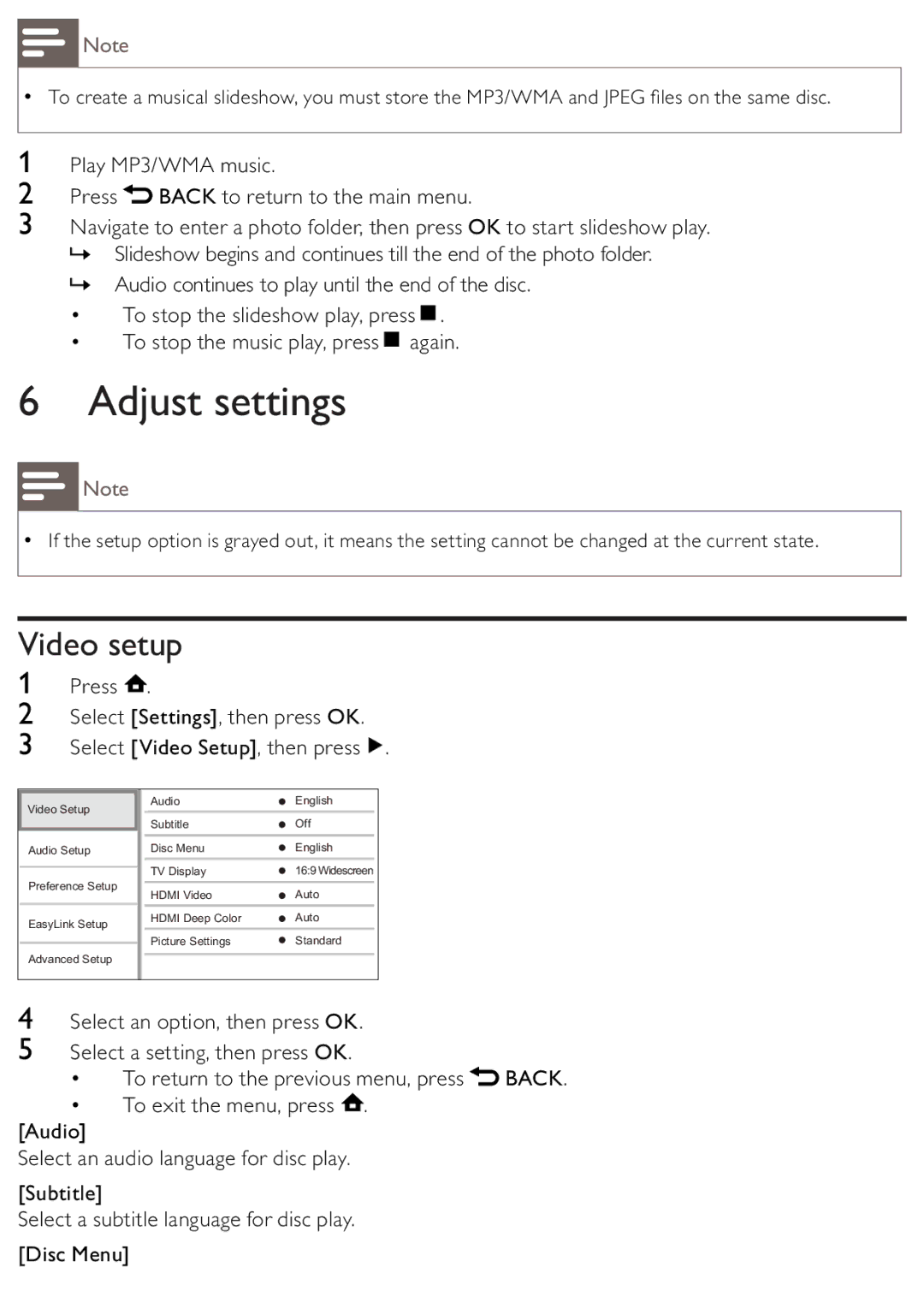 Philips BDP2500/12 user manual Adjust settings, Video setup 