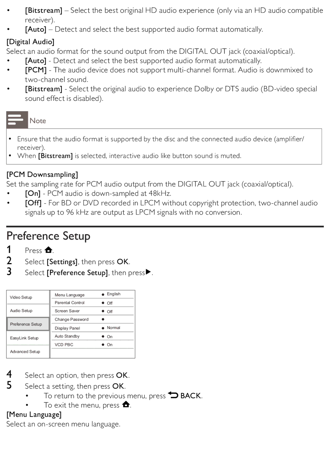 Philips BDP2500/12 user manual Preference Setup, Press 