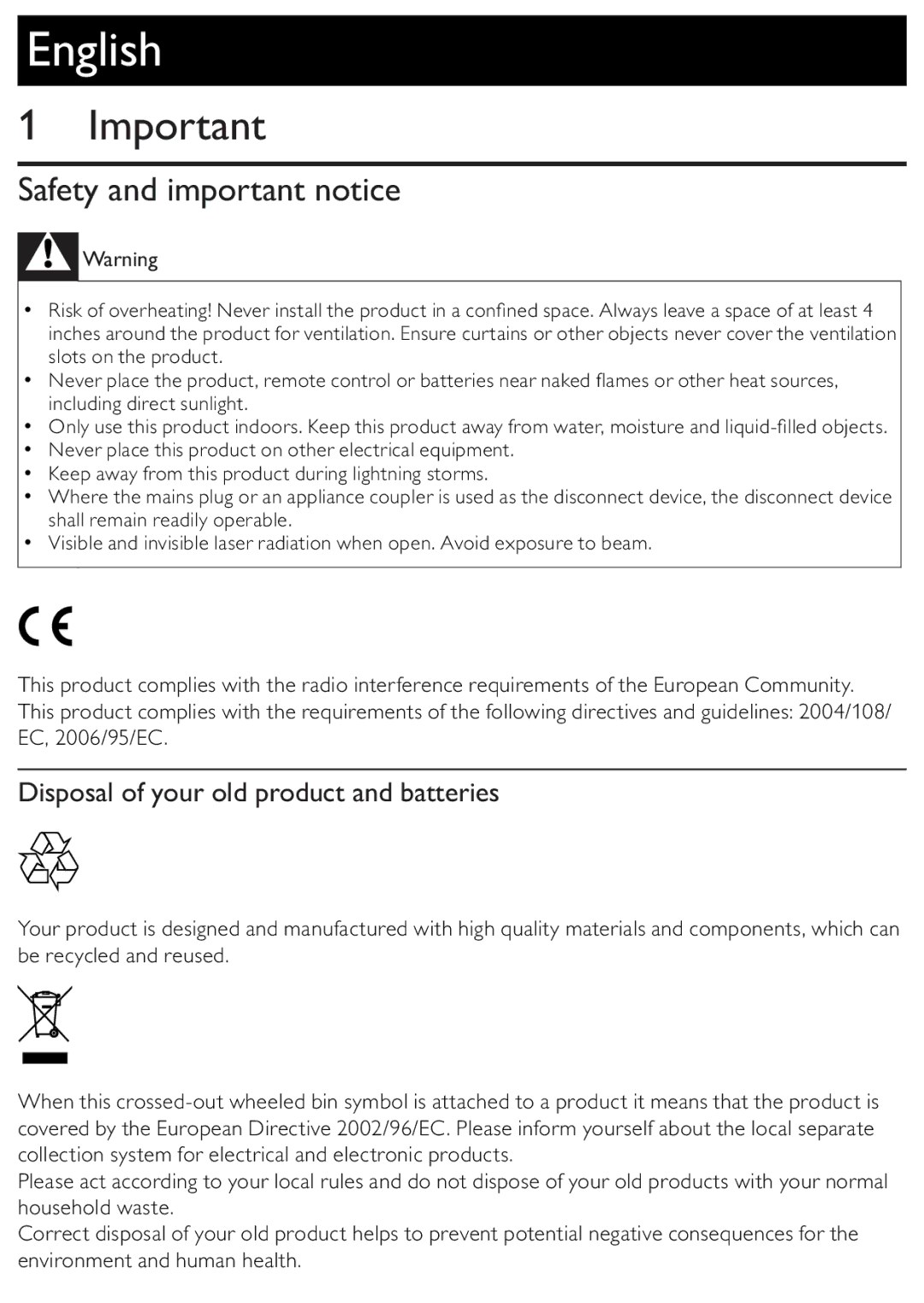 Philips BDP2500/12 user manual Safety and important notice, Disposal of your old product and batteries 